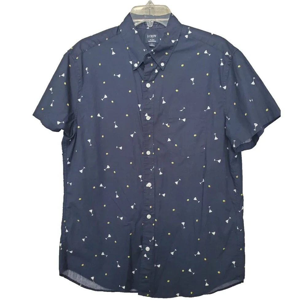 J Crew Men's Flex Washed Cotton Blend Martini Novelty Print Button-Up Shirt LGE